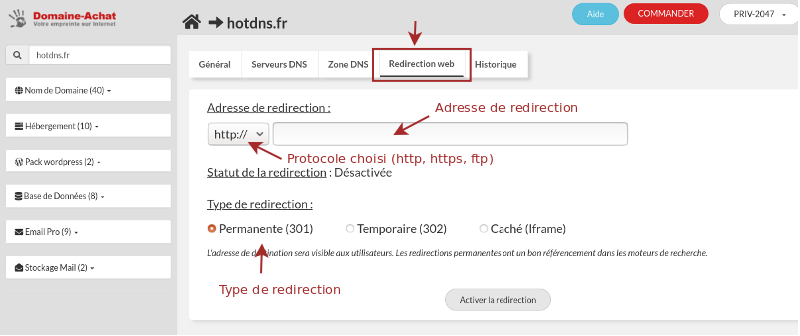 activer redirection web de votre nom de domaine